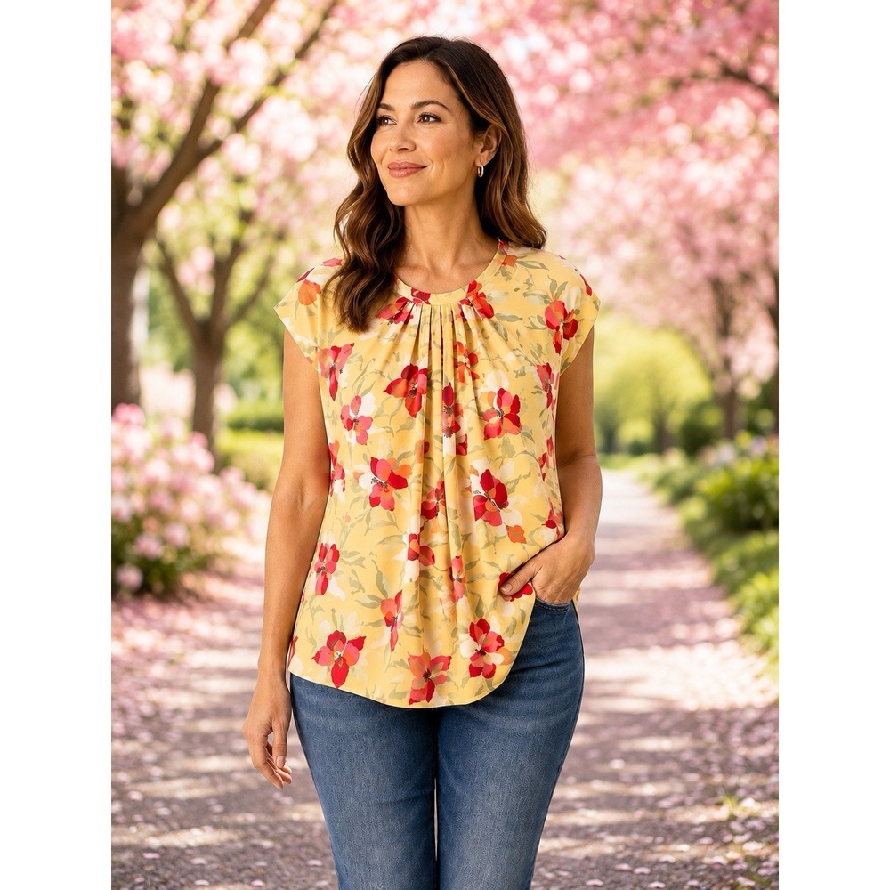 Liz Claiborne Women's 2X Yellow Floral Blouse Pleated Back Zip Plus Size NWT
